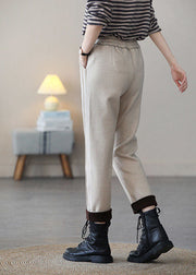 Art Beige Elastic Waist Patchwork Applique Warm Fleece Harem Pants Spring