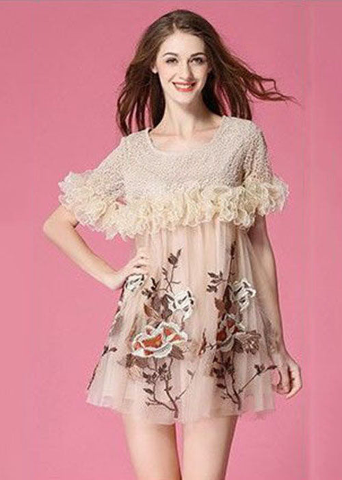 Art Beige Embroideried Ruffled Patchwork Organza Mini Dresses Short Sleeve