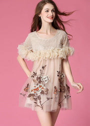 Art Beige Embroideried Ruffled Patchwork Organza Mini Dresses Short Sleeve