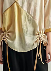 Art Beige Lace Up Patchwork Linen Tops Bracelet Sleeve