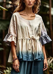 Art Beige O Neck Lace Up Cotton Blouse Half Sleeve