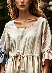 Art Beige O Neck Lace Up Cotton Blouse Half Sleeve