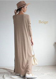 Art Beige O-Neck Oversized Side Open Knit Ankle Dress Spring