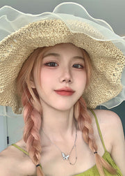 Art Beige Pearl Tulle Patchwork Straw Woven Bucket Hat