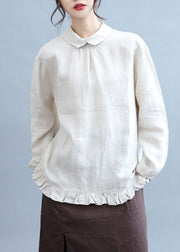 Art Beige Peter Pan Collar Ruffles Linen Shirt Top Fall