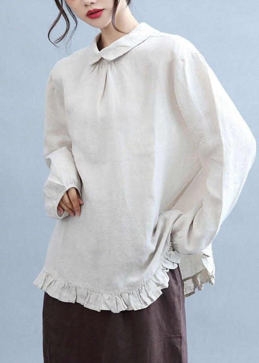 Art Beige Peter Pan Collar Ruffles Linen Shirt Top Fall