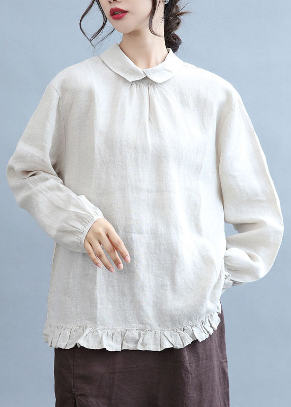 Art Beige Peter Pan Collar Ruffles Linen Shirt Top Fall