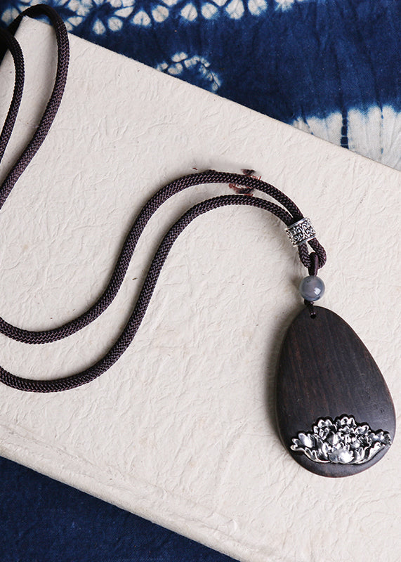 Art Black Alloy Black Sandalwood Peony Pendant Necklace