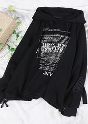 Art Black Alphabet Graphic Drawstring Side Open Hooded Sweatshirts Long Sleeve