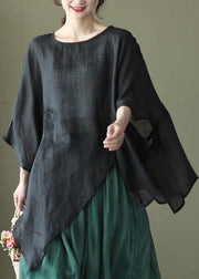 Art Black Asymmetrical Design Embroideried Summer Ramie Shirt Tops - bagstylebliss