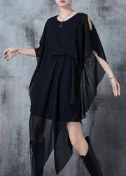 Art Black Asymmetrical Draping Chiffon Mid Dress Summer