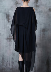 Art Black Asymmetrical Draping Chiffon Mid Dress Summer