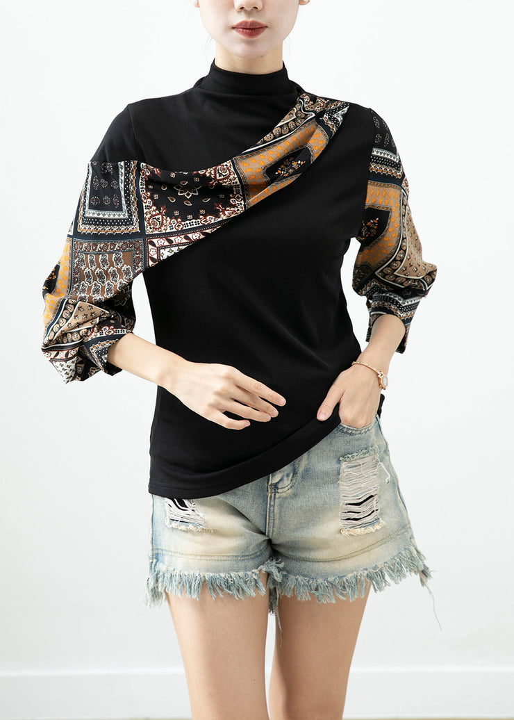 Art Black Asymmetrical Patchwork Print Cotton Blouses Batwing Sleeve