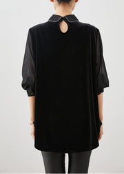 Art Black Asymmetrical Patchwork Silk Velour Blouses Spring