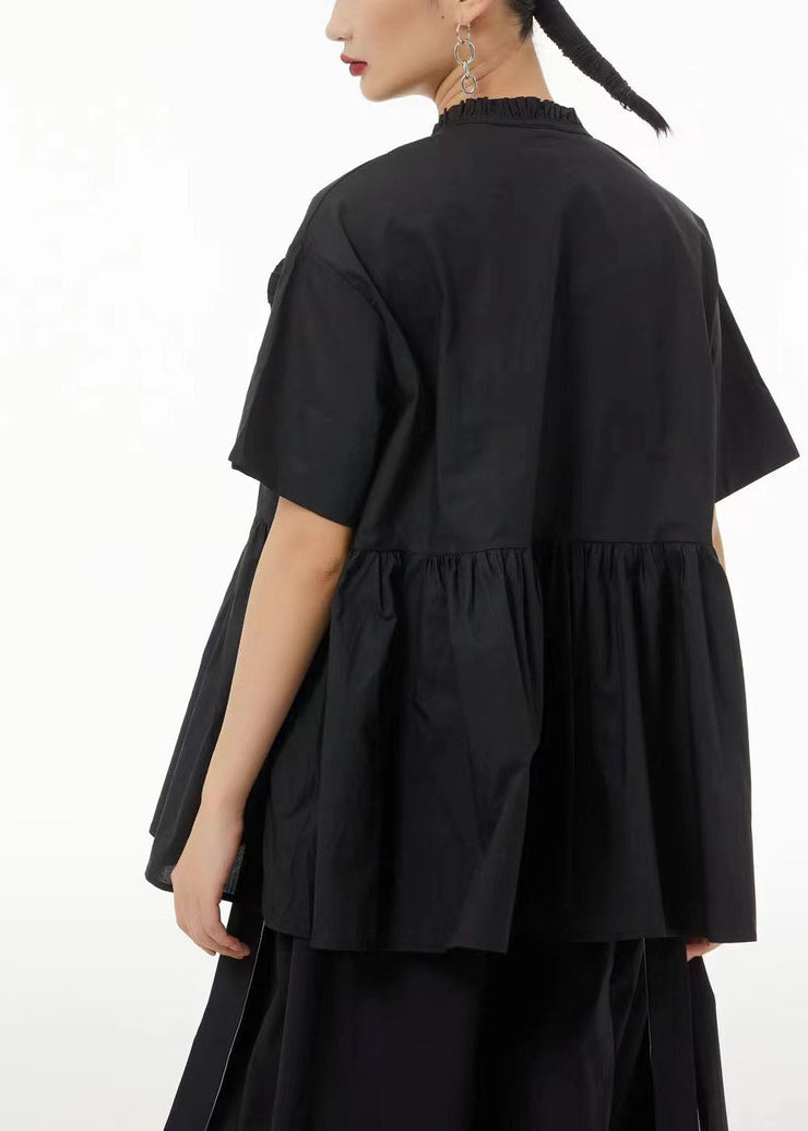 Art Black Asymmetrical Patchwork Wrinkled Cotton Shirt Tops Summer