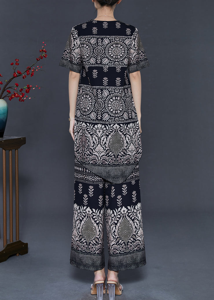 Art Black Asymmetrical Print Chiffon Two Piece Suit Set Summer