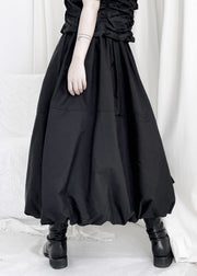 Art Black Elastic Waist Pockets Cotton Lantern Skirt Fall