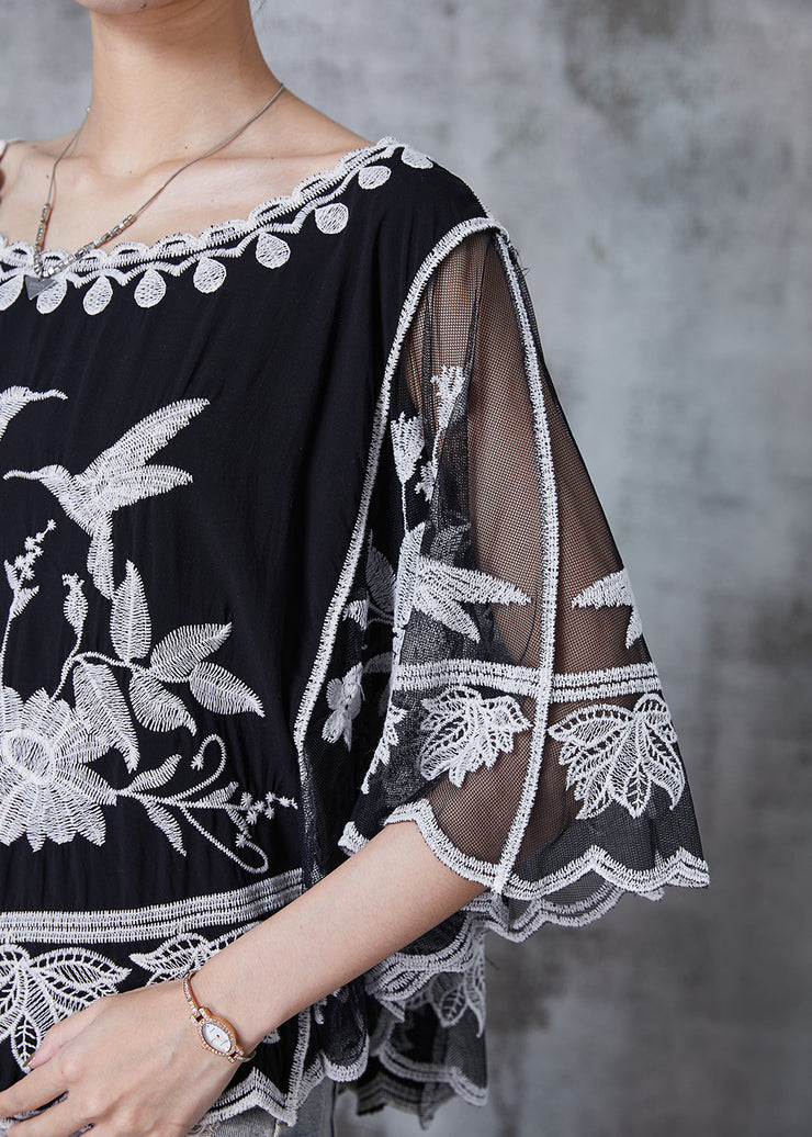 Art Black Embroidered Patchwork Cotton Shirts Batwing Sleeve