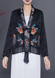 Art Black Embroideried Chinese Button Tassel Silk Cardigan Fall