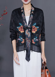 Art Black Embroideried Chinese Button Tassel Silk Cardigan Fall