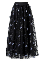 Art Black Embroideried Floral High Waist Tulle Pleated Skirts Spring