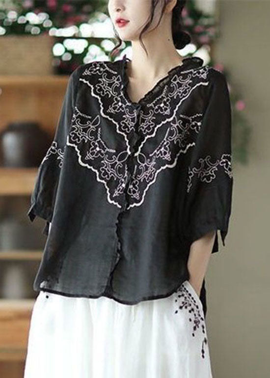 Art Black Embroideried Patchwork Linen Tops Summer