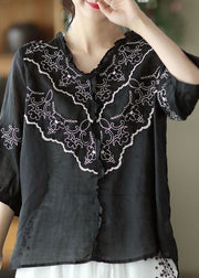 Art Black Embroideried Patchwork Linen Tops Summer