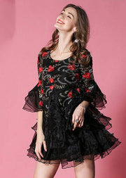 Art Black Embroideried Patchwork Organza Mini Dresses Flare Sleeve