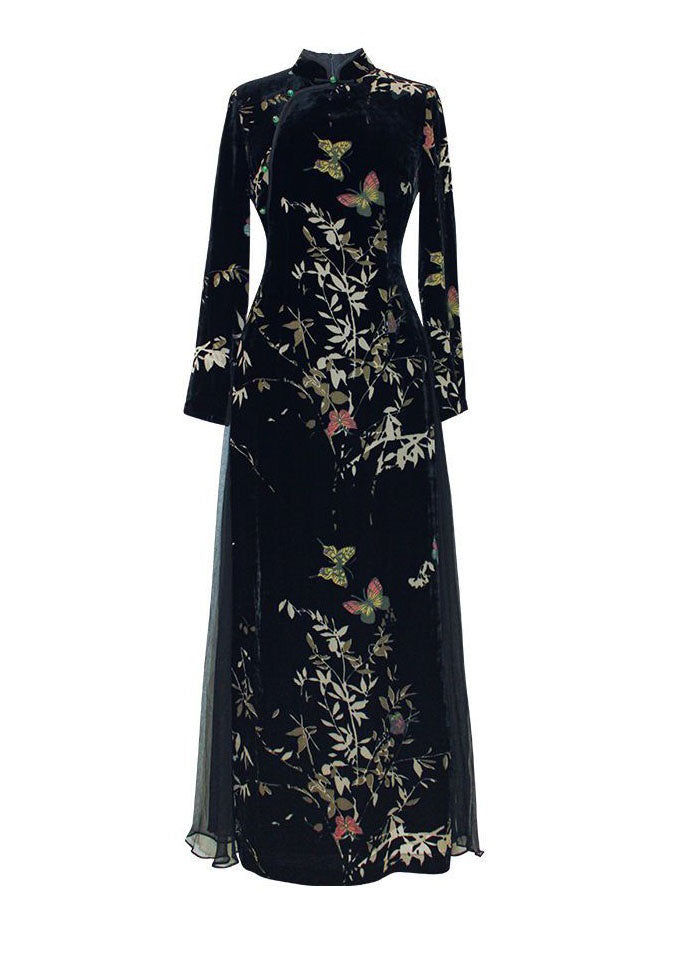 Art Black Embroideried Side Open Silk Velour Ankle Dress Spring