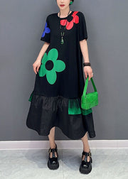 Art Black Floral Patchwork Ruffles Cotton Long Dresses Summer