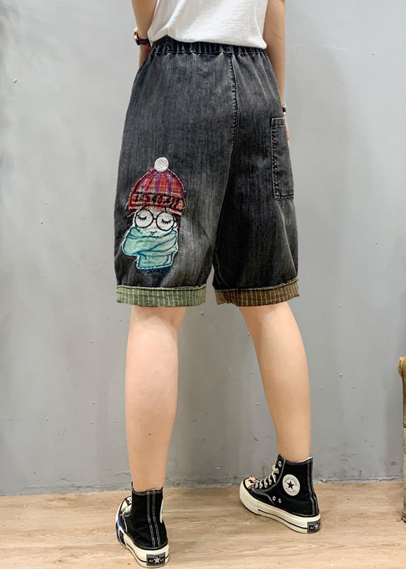 Art Black Grey Elastic Waist Cartoon Girl Denim Shorts Summer