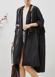 Art Black Hooded Drawstring Linen Cardigan Summer