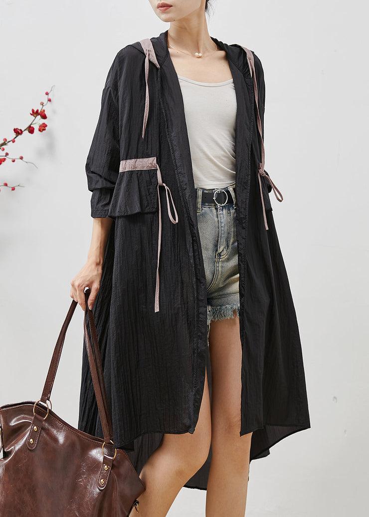 Art Black Hooded Drawstring Linen Cardigan Summer