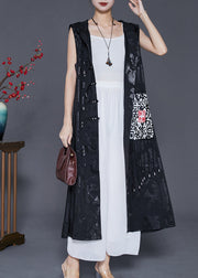 Art Black Hooded Embroideried Silk Long Vest Fall