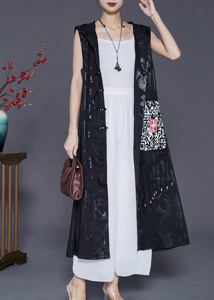 Art Black Hooded Embroideried Silk Long Vest Fall