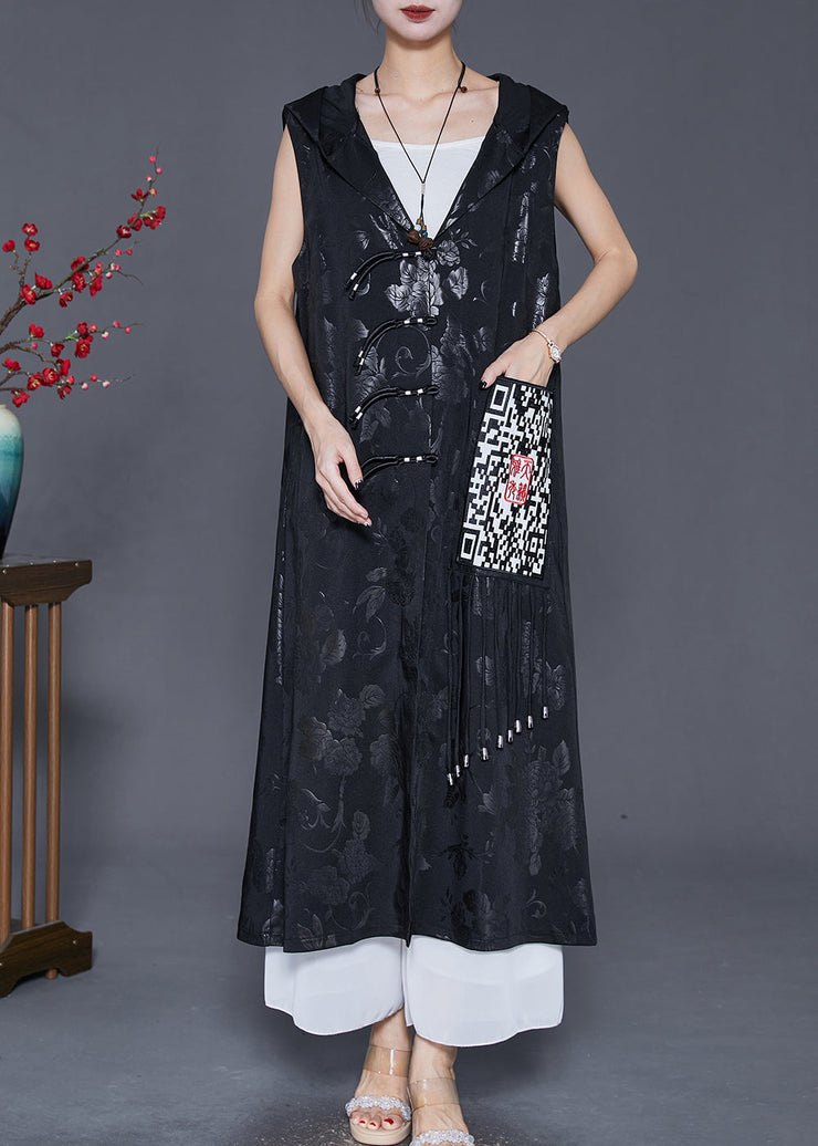 Art Black Hooded Embroideried Silk Long Vest Fall