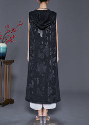 Art Black Hooded Embroideried Silk Long Vest Fall