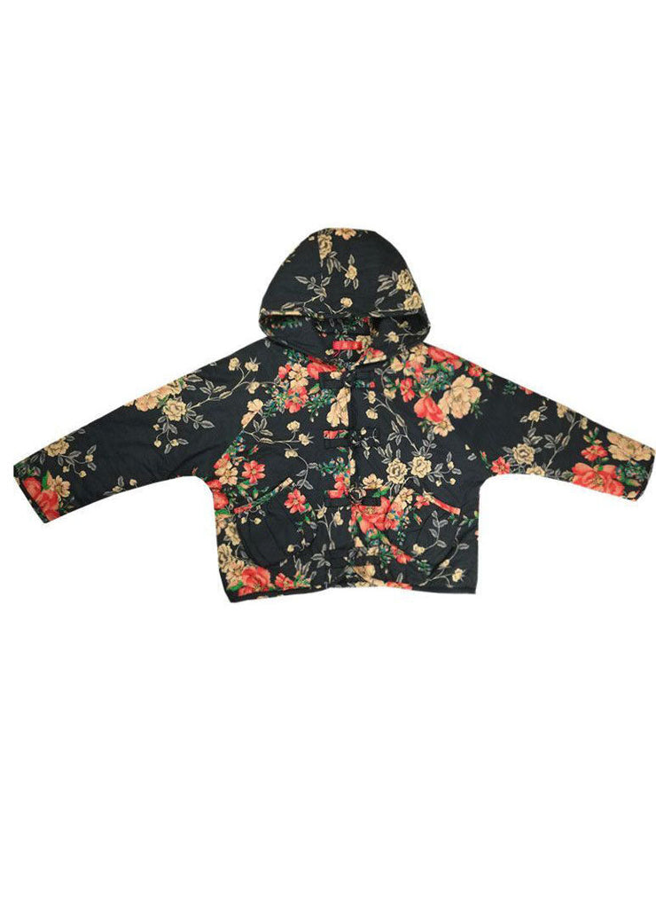 Art Black Hooded Pockets Print Fine Cotton Filled Womens Coats Winter