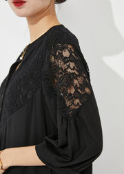 Art Black Lace Patchwork Hollow Out Wrinkled Cotton Dress Half Sleeve