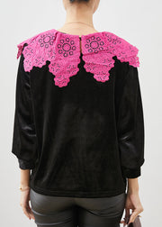 Art Black Lace Patchwork Silk Velour Blouse Tops Spring