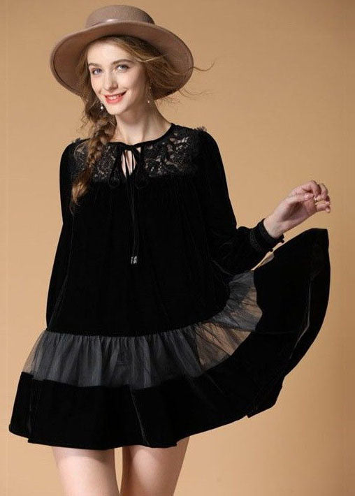 Art Black O Neck Embroideried Patchwork Velour Dresses Spring