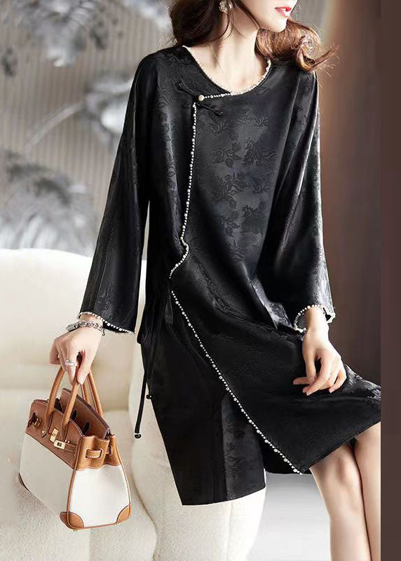 Art Black O-Neck Nail Bead Silk Mid Dress Long Sleeve