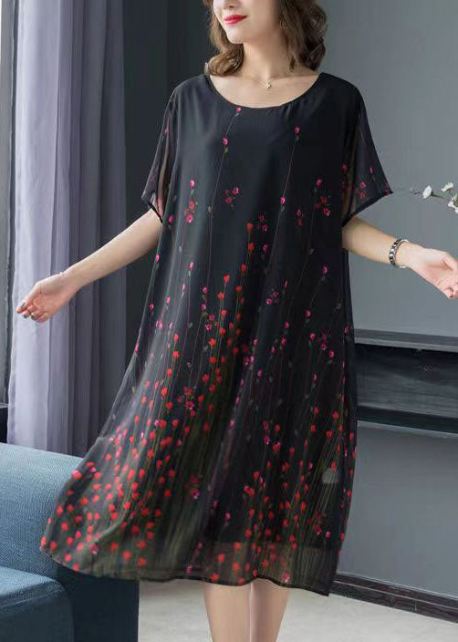 Art Black O Neck Print Patchwork Chiffon Mid Dress Summer