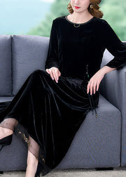 Art Black O-Neck Tulle Patchwork Silk Velour Top And Maxi Skirts Two Pieces Set Long Sleeve