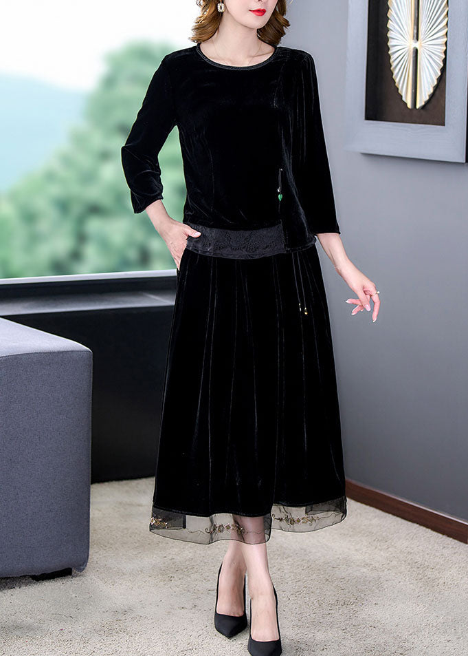 Art Black O-Neck Tulle Patchwork Silk Velour Top And Maxi Skirts Two Pieces Set Long Sleeve