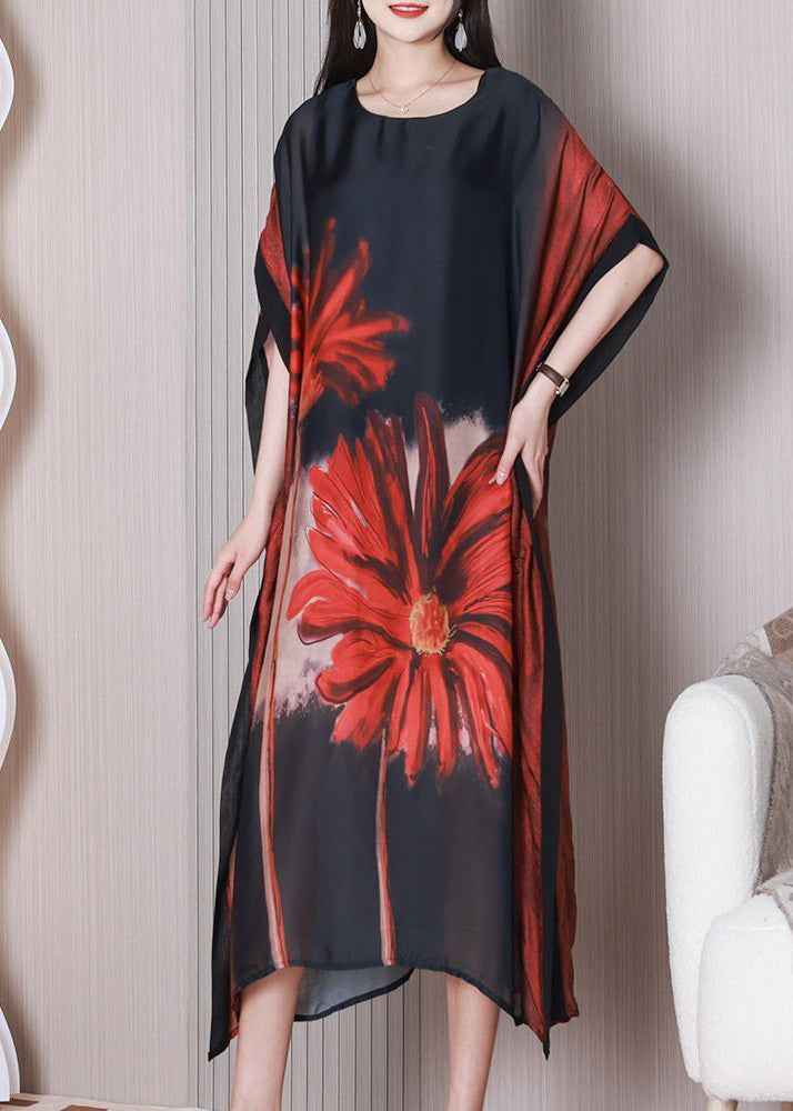 Art Black Oversized Print Silk Maxi Dress Batwing Sleeve