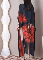 Art Black Oversized Print Silk Maxi Dress Batwing Sleeve