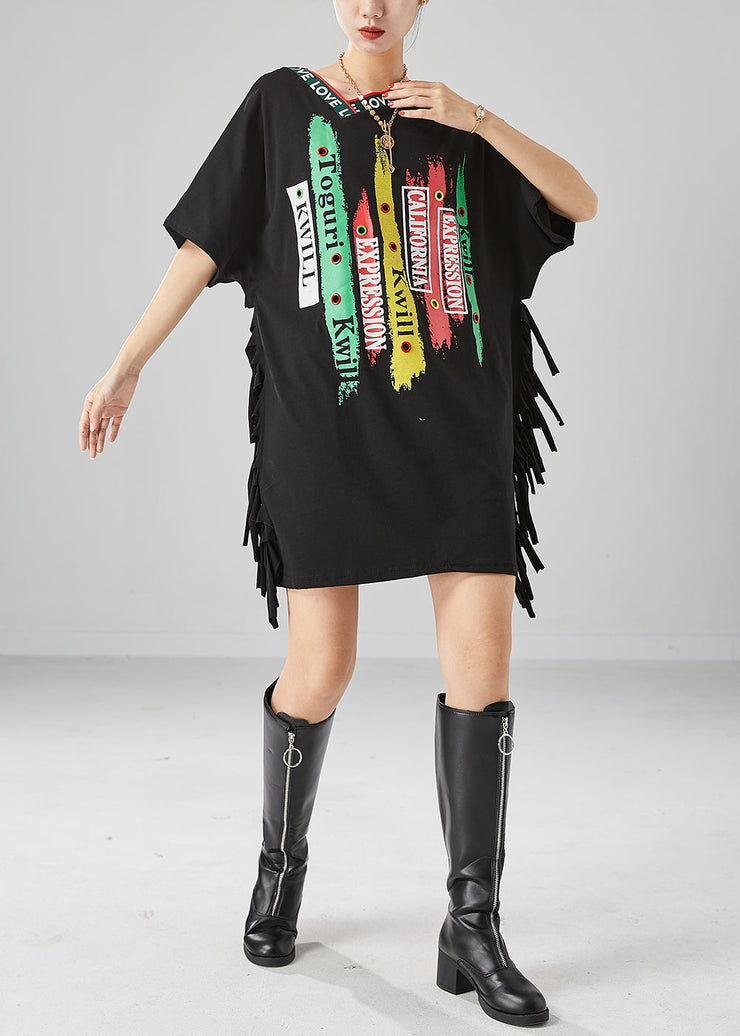 Art Black Oversized Print Tassel Cotton Tanks Batwing Sleeve