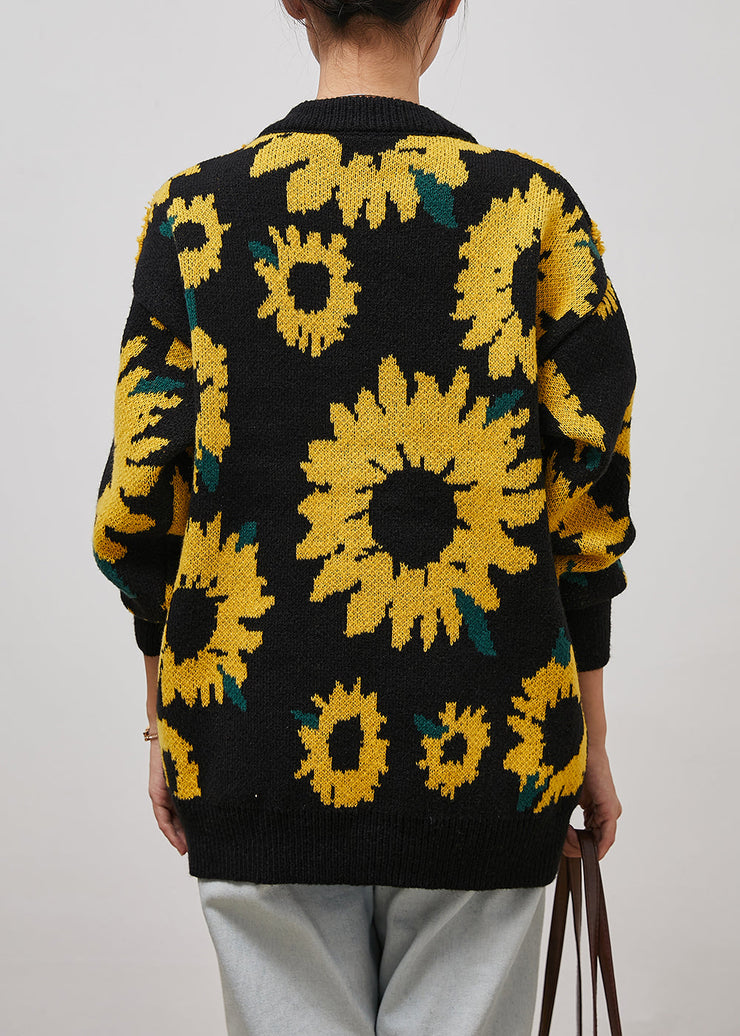 Art Black Oversized Sunflower Jacquard Knit Sweaters Winter