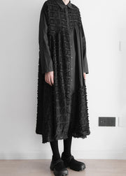 Art Black Patchwork Wrinkled Maxi Shirts Dresses Long Sleeve